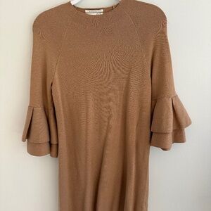 Anthropologie Camel Brown Ruffle-Sleeve Midi Dress